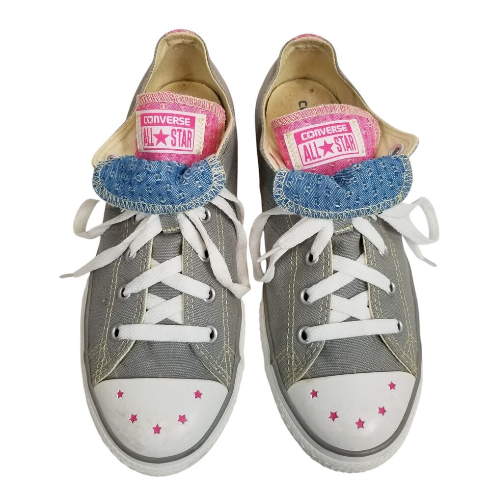 Converse All Star Women's Girls Double Tongue Low Top Sneakers Gray Pink Blue - Picture 3 of 9